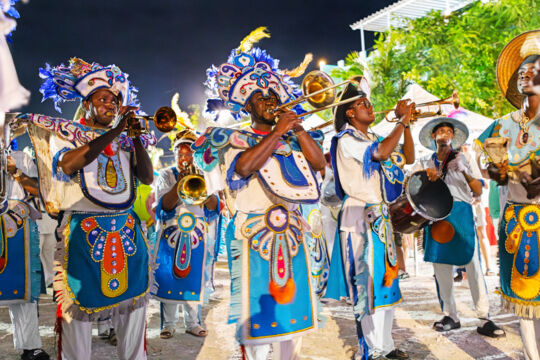 Junkanoo musicians dressed in full costume in Turks and Caicos.