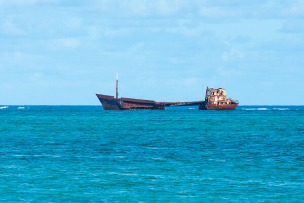 The River Arc freighter shipwreck on the barrier reef off of Whitby on North Caicos