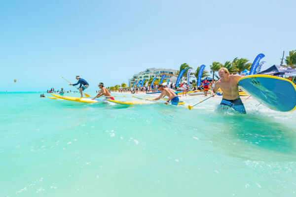 The start of a stand-up paddleboarding race in the Turks and Caicos