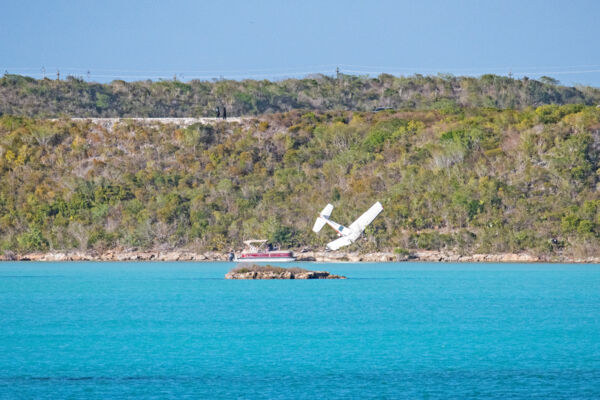 Wreckage of a plane crash in Chalk Sound, Turks and Caicos on July 29 2025. 
