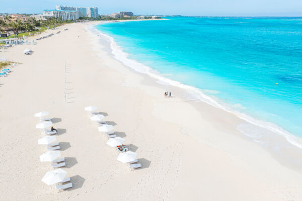 Turquoise water and blue skies at Grace Bay Beach, Turks and Caicos after Hurricane Melissa.