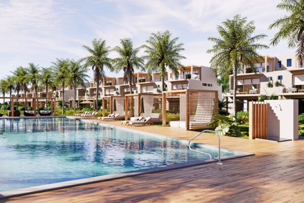 Rendering of townhouses and a pool at a gated community in Grace Bay. 
