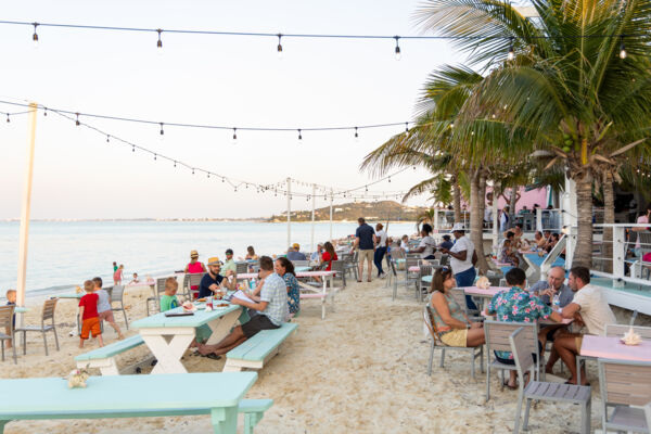 Bar with picnic tables on the beach, Turks and Caicos. 