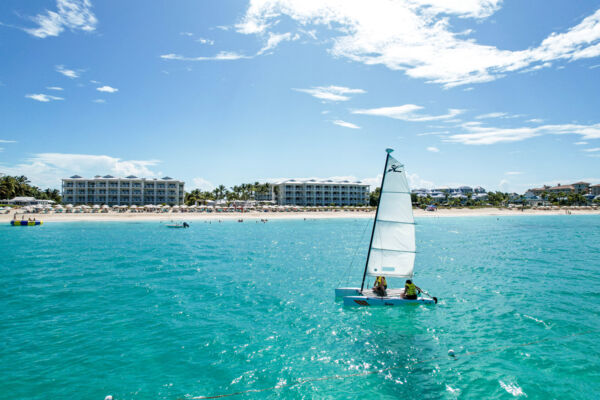 Hobie Cat sailboat in front of the Alexandra Resort