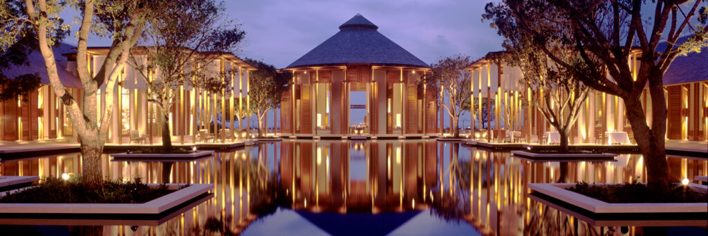 Shallow decorative pool and landscaping at Amanyara Resort