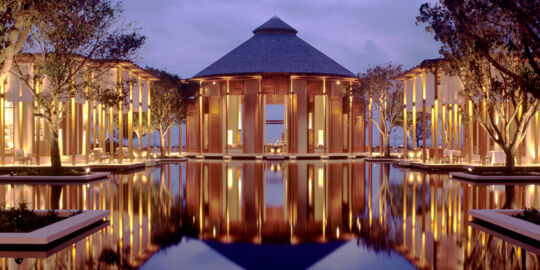 Shallow decorative pool and landscaping at Amanyara Resort