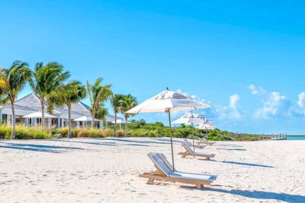 Beach umbrella and lounger on Ambergris Cay