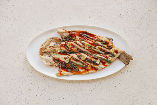 Grilled branzino dish.