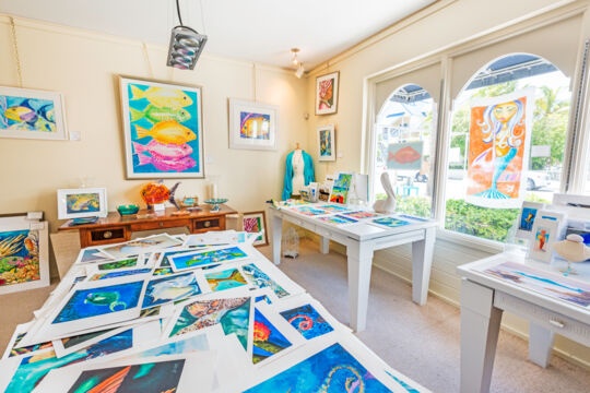 Colorful art gallery interior with tropical paintings