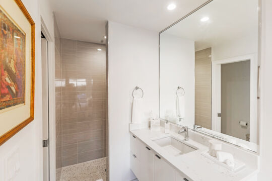 Ensuite bathroom with shower and sink.