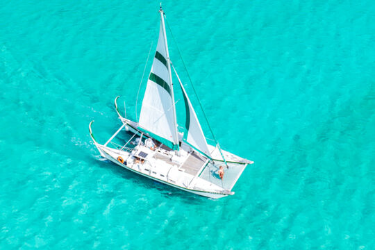 Aerial view of The Beluga, a sailing catamaran in the Turks and Caicos Islands