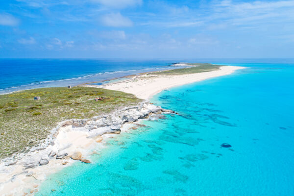 Aerial view of Big Sand Cay and ocean
