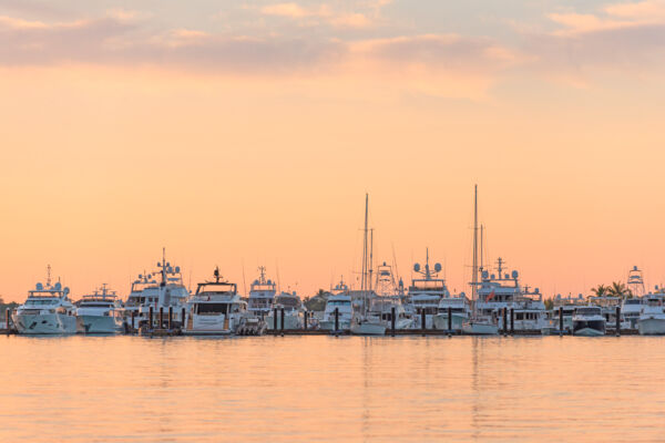 Luxury yachts at Blue Haven Marina at dawn