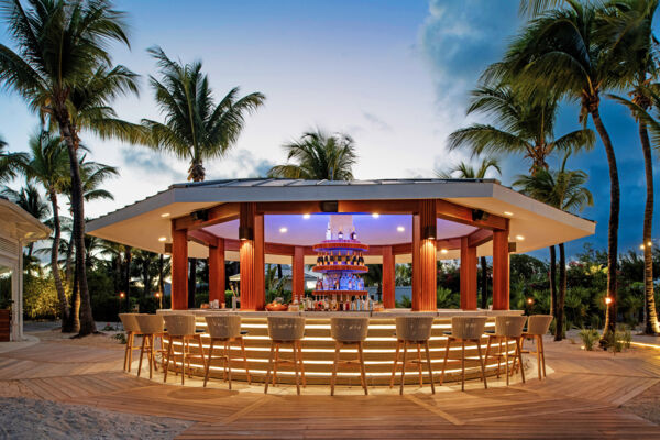 Upscale outdoor gazebo bar at night