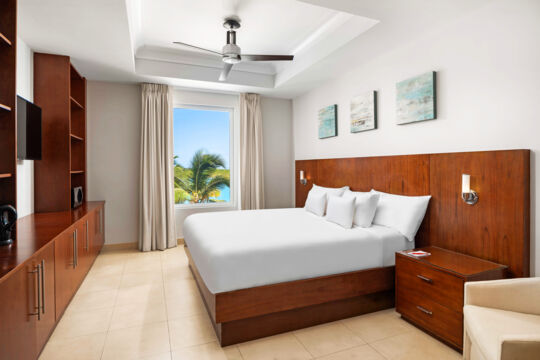 Modern hotel room with wood accents overlooking the ocean and palm trees