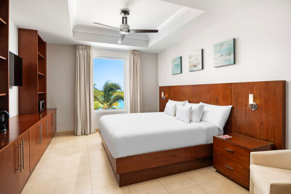 Modern hotel room with wood accents overlooking the ocean and palm trees