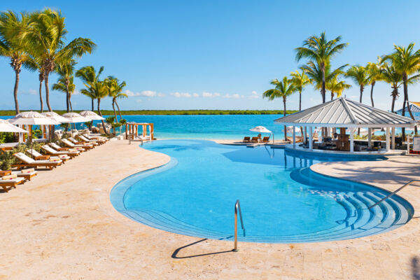 Resort pool overlooking the ocean and a mangrove island
