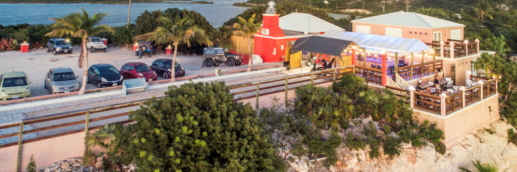 Aerial view of Bob's Bar and South Side Marina at dusk