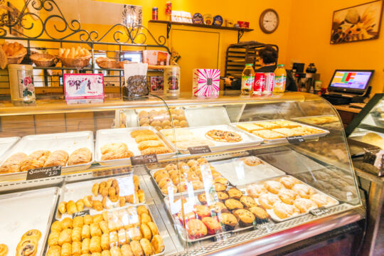 Fresh baked goods at a bakery counter