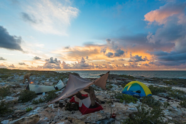 Tents and campsite near Goods Hill on East Caicos in the Turks and Caicos Islands