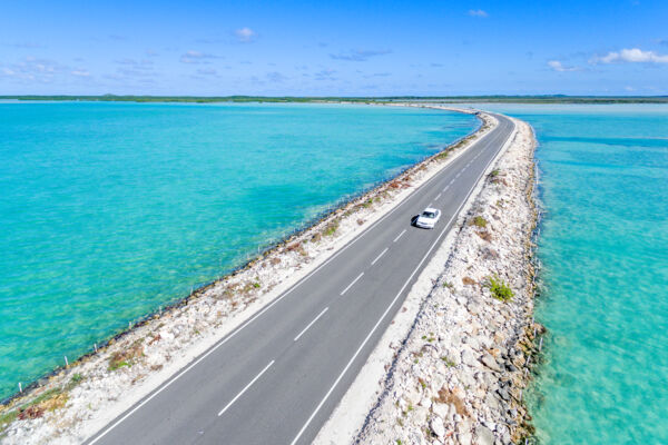 Aerial view of car on the North Caicos and Middle Caicos Causeway