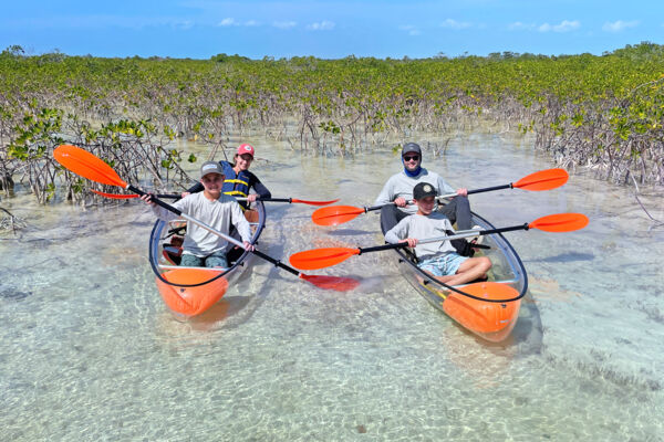 Clear kayaks at Mangrove Cay