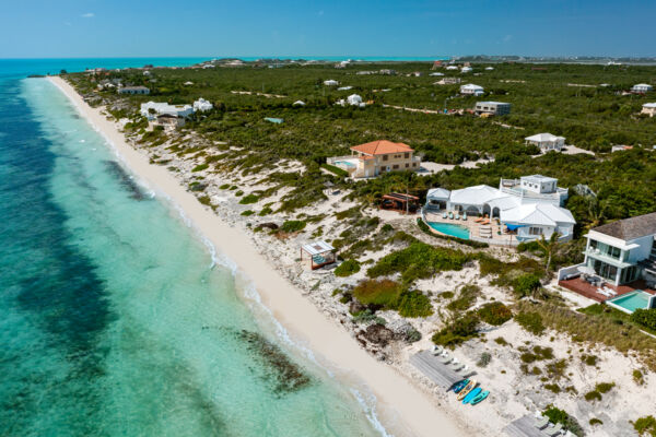 Aerial view of Conched Out Villa and Long Bay Beach