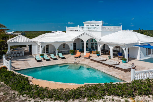 Aerial view of Conched Out Villa and Long Bay Beach