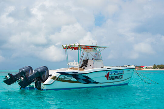 Center console tour boat anchored in turquoise water off a beach