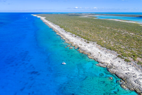 Aerial view of the coast and clear blue water of West Caicos