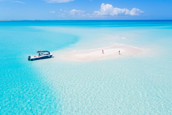 Aerial view of beach and sandbars near Fort George Cay in Turks and Caicos