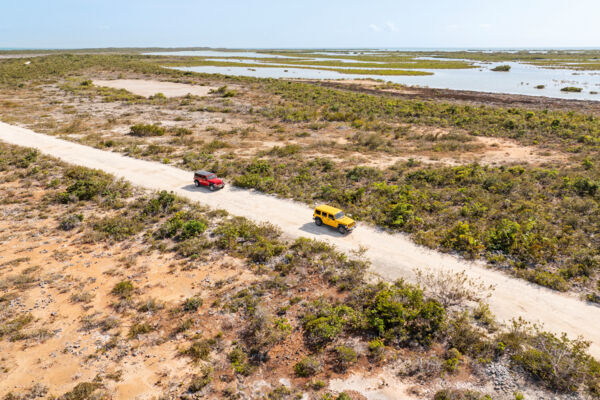 Aerial view of Jeep Wranglers in the Frenchmans Creek and Pigeon Pond Nature Reserve.