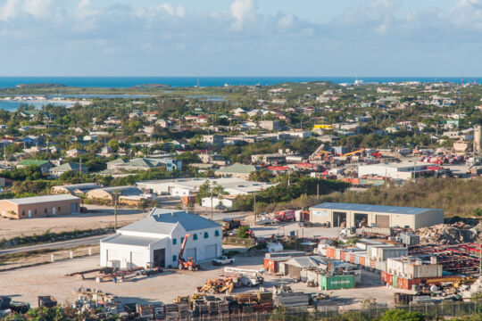 Aerial view of the dense settlement and industrial area at Five Cays
