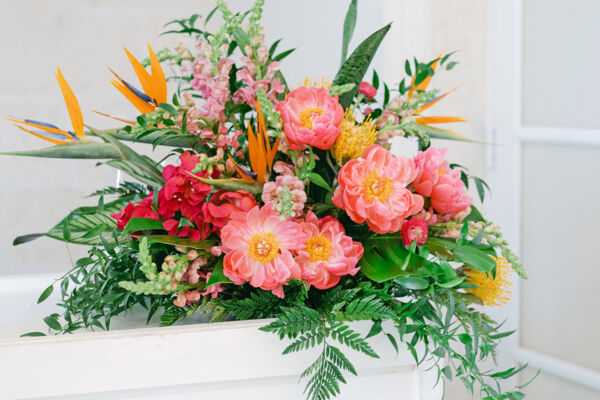 A colorful tropical wedding bouquet. 