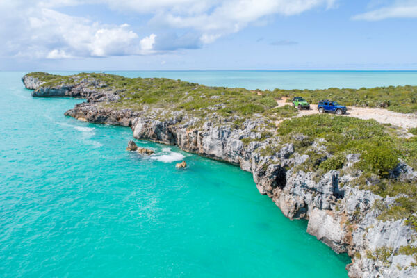 Aerial view of Jeep Wranglers at West Harbour Bluff in the Turks and Caicos.