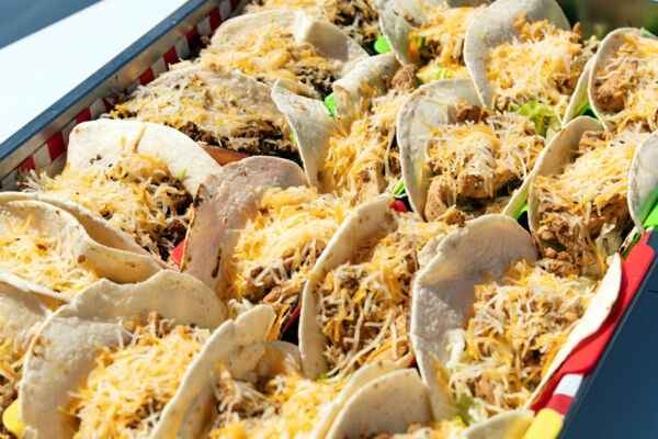 Tray of chicken tacos. 