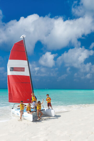 Hobie Cat sailboat on the beach at the Grace Bay Club