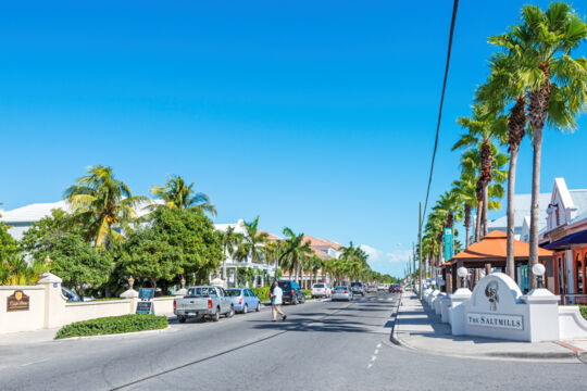 Paved road with shopping plazas in Grace Bay, Providenciales