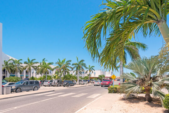 Street and plaza with many parked cars