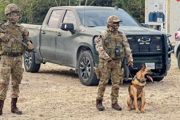 Regiment officers and a working dog carrying out an inspection in Turks and Caicos.