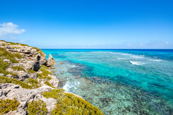 View of the ocean and reefs from the cliff at Highlands Bay on South Caicos