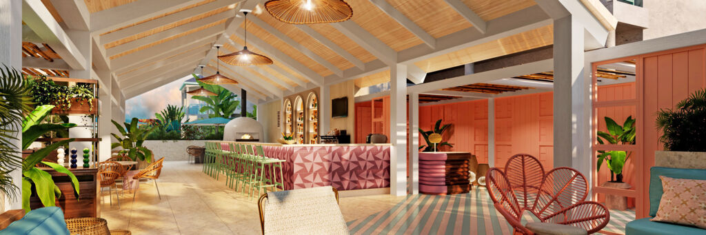 Rendering of a colorful open-air lobby at a Caribbean boutique hotel. 