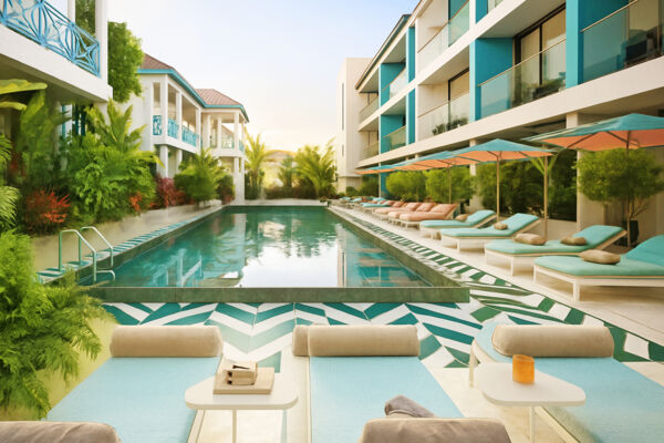 A courtyard infinity pool surrounded by loungers and landscaping at a Caribbean boutique hotel. 