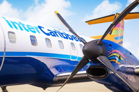 Closeup of an interCaribbean plane and propeller