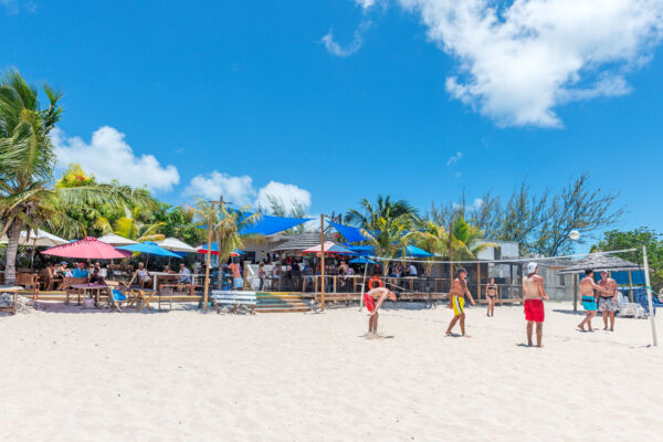 Volleyball net on the beach in front of Jack's Shack restaurant.