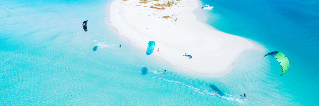 aerial view of kiteboarders at Fort George Cay