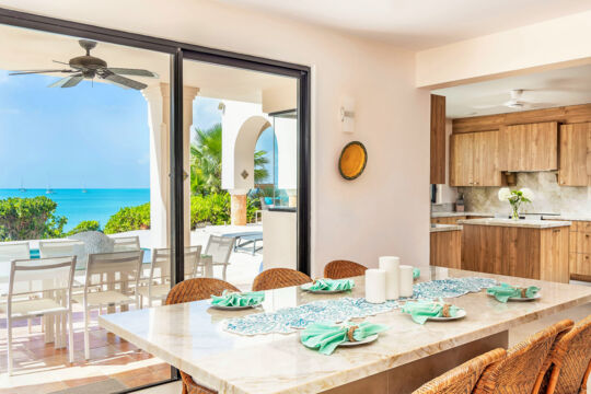 Dining table with pool view.