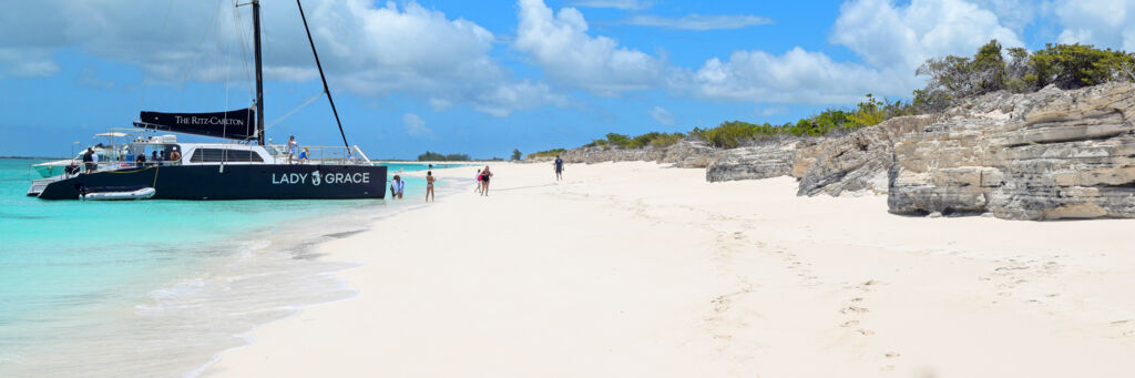 Lady Grace sailing catamaran at Water Cay Beach in the Turks and Caicos