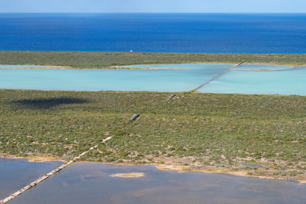Aerial view of old railroad causeway on West Caicos