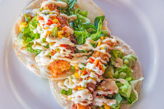 Fish tacos on a plate at Las Brisas Restaurant
